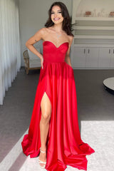 Simple Red Sweetheart A-Line Long Satin Prom Dress with Leg Slit