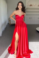 Simple Red Sweetheart A-Line Long Satin Prom Dress with Leg Slit