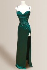 Simple Black Mermaid Spaghetti Straps Long Satin Formal Dress With Slit