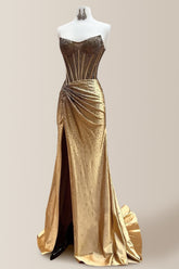 Sparkly Gold Mermaid Strapless Long Beaded Prom Dress with Slit