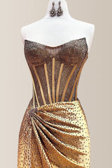 Sparkly Gold Mermaid Strapless Long Beaded Prom Dress with Slit