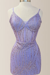 Sparkly Purple Spaghetti Straps Short Tight Homecoming Dress With Sequin