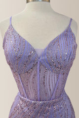 Sparkly Purple Spaghetti Straps Short Tight Homecoming Dress With Sequin