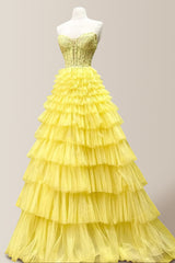 Stunning A-Line Strapless Lace Top Long Yellow Tiered Tulle Prom Dress