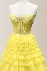 Stunning A-Line Strapless Lace Top Long Yellow Tiered Tulle Prom Dress