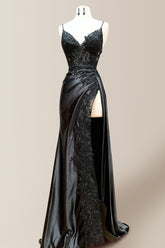 Stunning Black Mermaid Spaghetti Straps Long Satin Prom Dress with Appliques