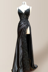 Stunning Black Mermaid Spaghetti Straps Long Satin Prom Dress with Appliques