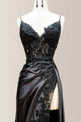 Stunning Black Mermaid Spaghetti Straps Long Satin Prom Dress with Appliques