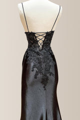 Stunning Black Mermaid Spaghetti Straps Long Satin Prom Dress with Appliques