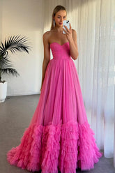 Stunning Hot Pink A-Line Sweetheart Long Glitter Ruffle Tulle Prom Dress
