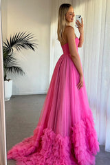 Stunning Hot Pink A-Line Sweetheart Long Glitter Ruffle Tulle Prom Dress