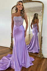 Stunning Lilac Mermaid Beaded Top Sweep Train Long Satin Prom Dress