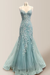 Stunning Mermaid Green Spaghetti Straps Lace Up Prom Dress with Appliques