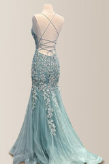 Stunning Mermaid Green Spaghetti Straps Lace Up Prom Dress with Appliques