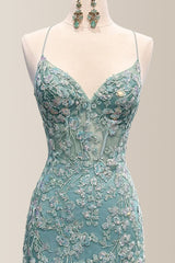 Stunning Mermaid Green Spaghetti Straps Lace Up Prom Dress with Appliques