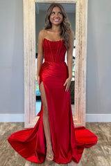 Stunning Red Strapless Glitter Top Long Satin Prom Dress with Slit