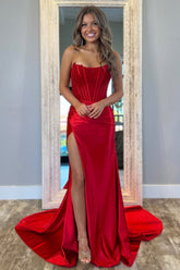 Stunning Red Strapless Glitter Top Long Satin Prom Dress with Slit