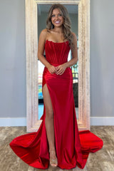 Stunning Red Strapless Glitter Top Long Satin Prom Dress with Slit