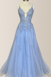 Stunning A-Line Spaghetti Straps Lace Up Long Tulle Prom Dress with Appliques