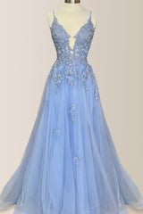 Stunning A-Line Spaghetti Straps Lace Up Long Tulle Prom Dress with Appliques