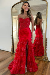 Stunning Strapless Mermaid Long Satin Prom Dress with Tiered Sequin Ruffle Skirt