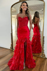 Stunning Strapless Mermaid Long Satin Prom Dress with Tiered Sequin Ruffle Skirt