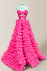 Stylish A-Line Hot Pink Sweetheart Long Ruched Tulle Prom Dress with Slit