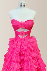 Stylish A-Line Hot Pink Sweetheart Long Ruched Tulle Prom Dress with Slit