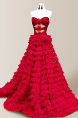 Stylish A-Line Hot Pink Sweetheart Long Ruched Tulle Prom Dress with Slit