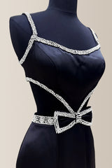 Stylish Black Mermaid Spaghetti Straps Long Satin Prom Dress with Beading