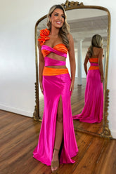 Stylish Hot Pink One Shoulder Mermaid Waist Hollow Satin Prom Dress with Slit