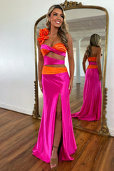 Stylish Hot Pink One Shoulder Mermaid Waist Hollow Satin Prom Dress with Slit