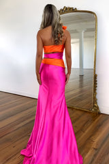 Stylish Hot Pink One Shoulder Mermaid Waist Hollow Satin Prom Dress with Slit