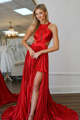 Stylish Red A-Line Criss-Cross Back Long Pleated Satin Prom Dress With Leg Slit