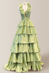 Stylish Sage Green A-Line V-Neck Long Layered Satin Prom Dress