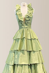 Stylish Sage Green A-Line V-Neck Long Layered Satin Prom Dress