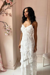 Cute Sheath Spaghetti Straps Open Back Long White Lace Ruffle Graduation Dress
