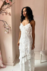 Cute Sheath Spaghetti Straps Open Back Long White Lace Ruffle Graduation Dress