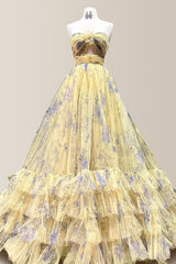 Yellow A-Line Zipper Back Long Tiered Print Tulle Prom Party Dress