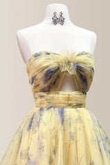 Yellow A-Line Zipper Back Long Tiered Print Tulle Prom Party Dress