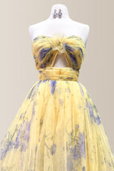 Yellow A-Line Zipper Back Long Tiered Print Tulle Prom Party Dress