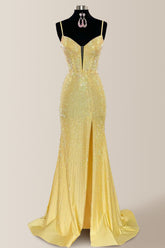 Yellow Sparkly Mermaid Spaghetti Straps Lace Up Long Beaded Prom Dress