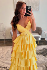 Yellow Spaghetti Straps A-Line Waist Hollow Long Layered Satin Prom Dress