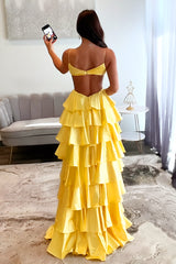 Yellow Spaghetti Straps A-Line Waist Hollow Long Layered Satin Prom Dress
