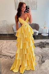 Yellow Spaghetti Straps A-Line Waist Hollow Long Layered Satin Prom Dress