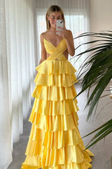 Yellow Spaghetti Straps A-Line Waist Hollow Long Layered Satin Prom Dress