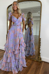 Stylish Purple Print A-Line Off The Shoulder Long Layered Prom Dress with Slit