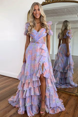 Stylish Purple Print A-Line Off The Shoulder Long Layered Prom Dress with Slit