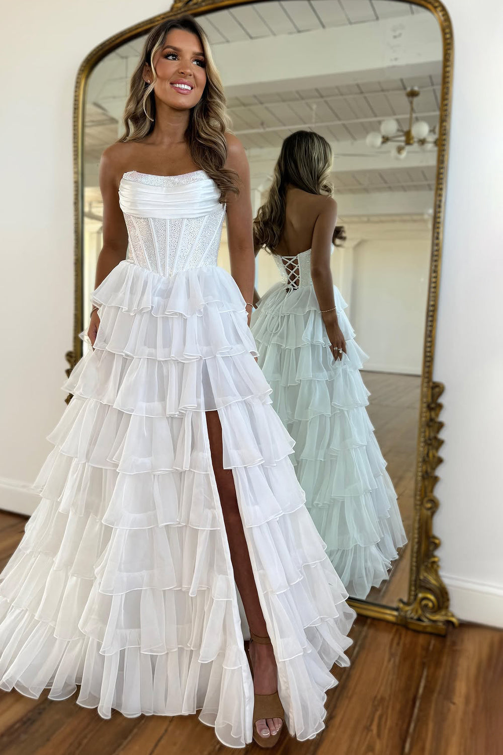 Cute Strapless A-Line Sparkly Long Layered Chiffon Prom Dress With Slit