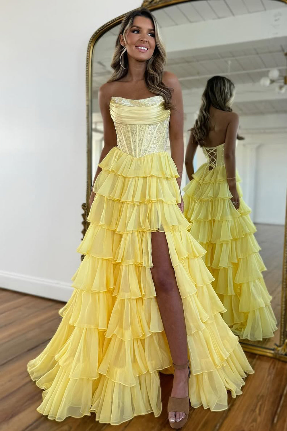 Cute Strapless A-Line Sparkly Long Layered Chiffon Prom Dress With Slit
